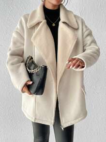 SHEIN Frenchy Lapel Neck Drop Shoulder Teddy Lined Zipper Coat Winter Casual - Apricot - View 3