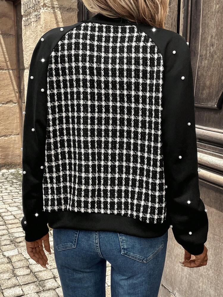 Plaid Pattern Raglan Sleeve Zip Up Tweed Jacket Fall Cloth For Women