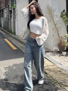 DAZY 純色垂墜肩短袖上衣 - 白色 - 查看 6