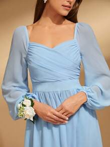 SHEIN Belle 雞心領口燈籠袖高衩伴娘連衣裙 - 淺藍色 - 查看 7