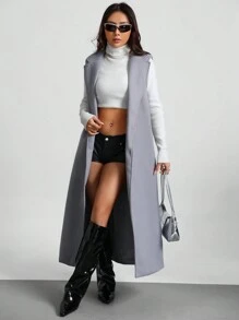 SHEIN Unity Lapel Neck Sleeveless Belted Longline Overcoat - Grey - View 4