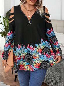 Calvaya Plus Floral Print Cold Shoulder O-ring Zipper Front Tee - Multicolor - View 6
