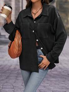 SHEIN LUNE 落肩袖口袋貼布外套 - 黑色 - 查看 4