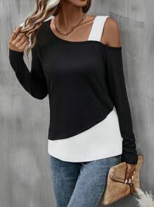 EMERY ROSE Two Tone Asymmetrical Neck Tee Graphic Tees Women Tops Fall Cloth For Women - White - View 3