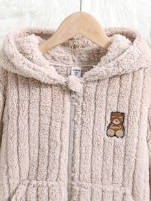 SHEIN Tween Girl Bear Embroidery Zip Up Hooded Teddy Jacket - Apricot - View 4