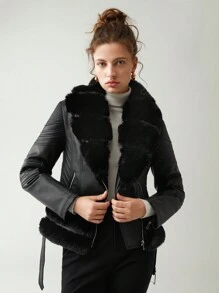 Anewsta 拉鏈開襟毛茸邊PU皮革夾克 - 黑色 - 查看 5