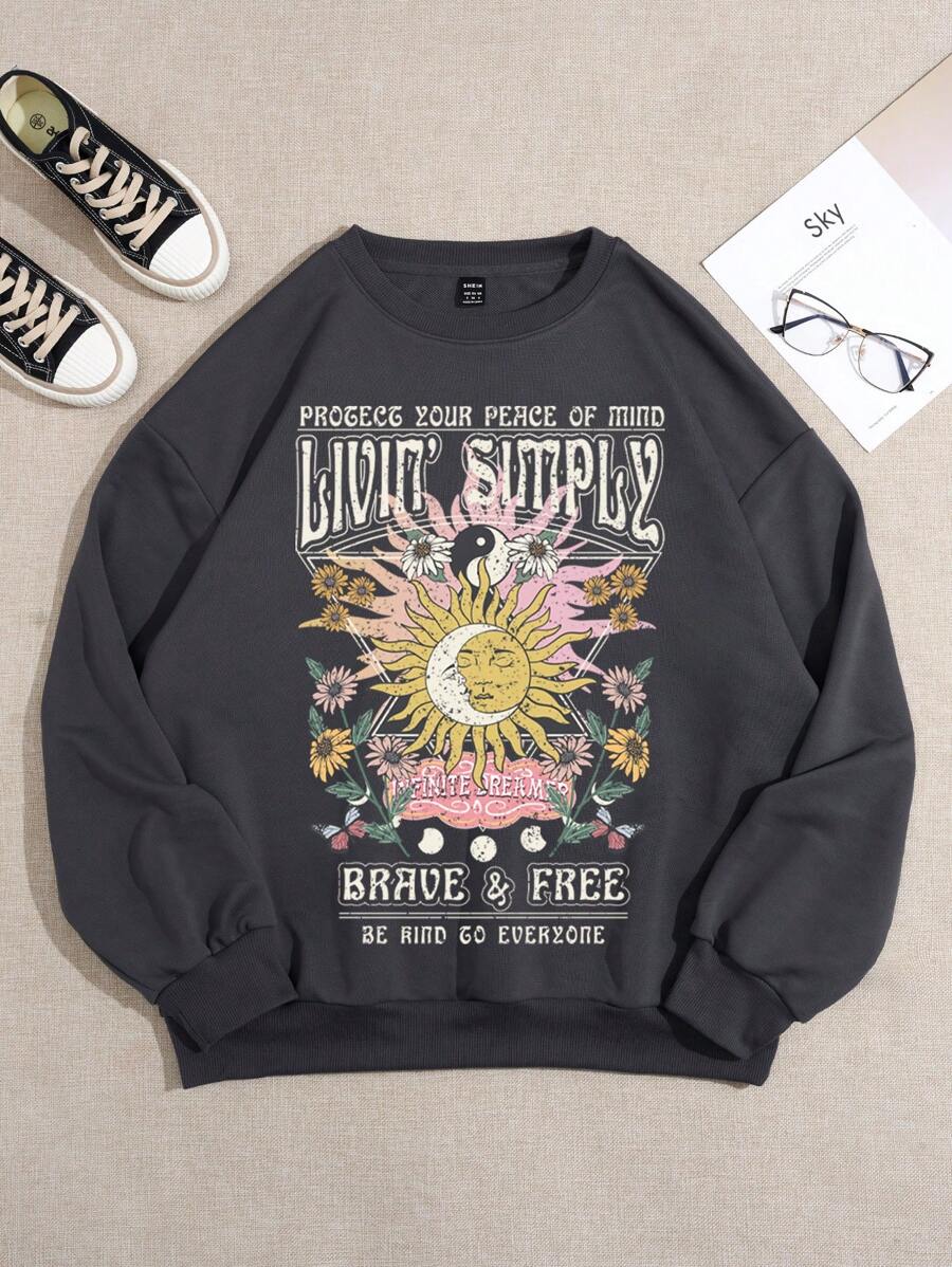 SHEIN EZwear 歐美風格印花圓領長袖女式運動衫 - 深灰色 - 查看 1