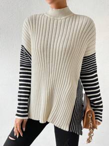 SHEIN Essnce 條紋圖案小高領落肩袖下擺開叉套頭毛衣 - 黑與白 - 查看 5