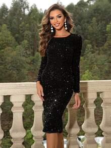 Joyfunear Women's Round Neck Sequin Bodycon Long Sleeve Dress - Black - View 6