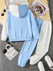 SHEIN Tween Girl Two Tone Zip Up Hoodie & Cartoon Graphic Sweatpants - Multicolor - View 2