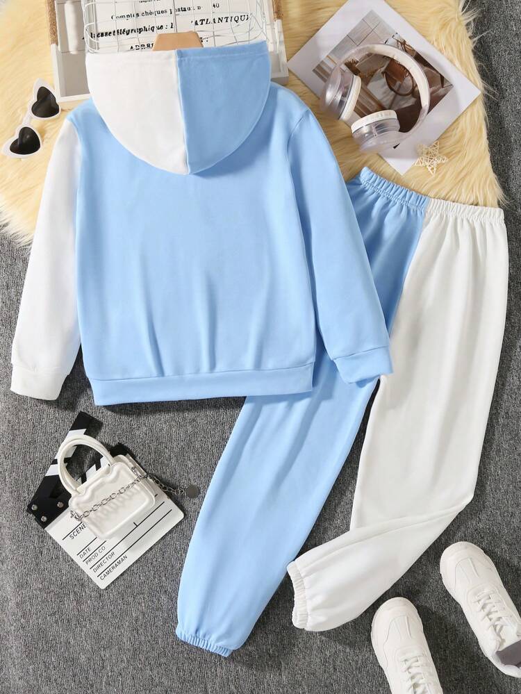 Tween Girl Two Tone Zip Up Hoodie & Cartoon Graphic Sweatpants