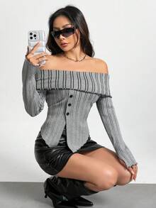 SHEIN Unity 一字肩折邊一字肩下擺開叉紐扣細節套頭毛衣 - 灰色 - 查看 5