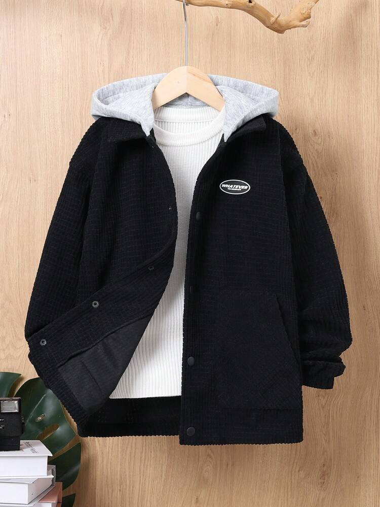 Tween Boy 1pc Colorblock Letter Patched Detail Hooded Coat