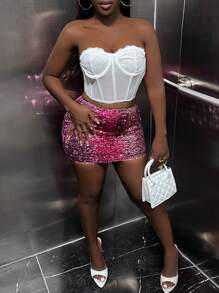 Slaydiva High Waist Sequin Bodycon Skirt - Hot Pink - View 5