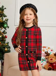 SHEIN Young Girl Knit Plaid Colorblock Fitted Dress, Mommy And Me Matching Outfits (2 Pieces Are Sold Separately), For Christmas
