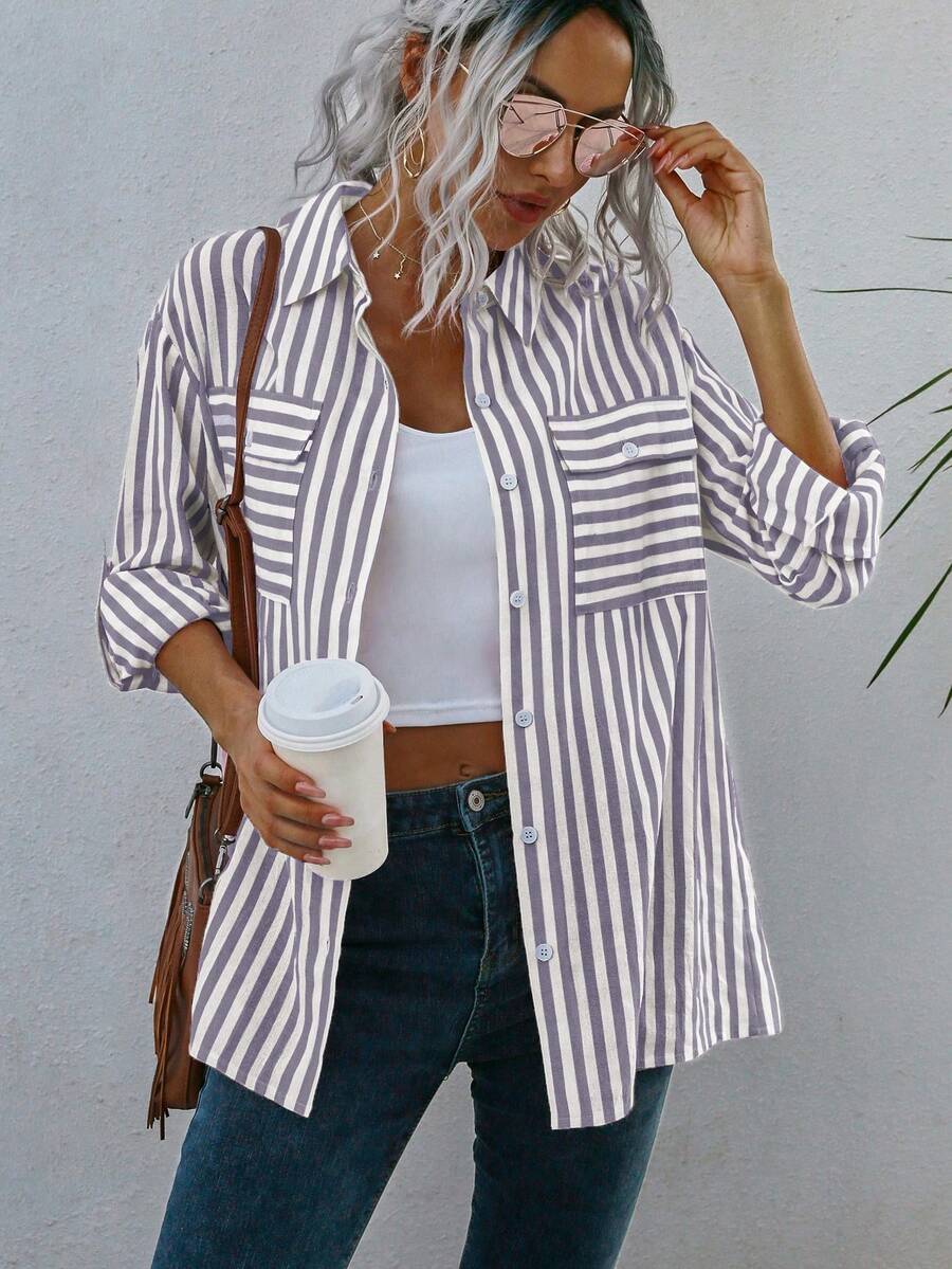 SHEIN LUNE Striped Print Flap Pocket Drop Shoulder Shirt - Mauve Purple - View 1