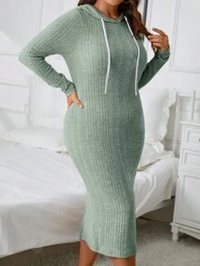 SHEIN Essnce 加大码罗纹针织抽绳卫衣连衣裙 - 薄荷綠 - 查看 5