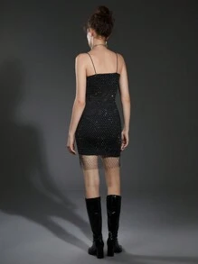 SHEIN Allurite Ladies' Rhinestone Mesh Cami Dress - Black - View 2