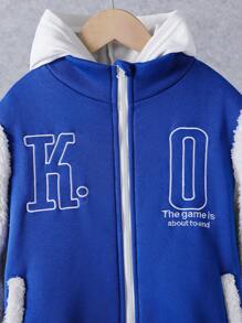 Tween Boy Two Tone Slogan Embroidery Striped Trim Varsity Jacket Without Hoodie