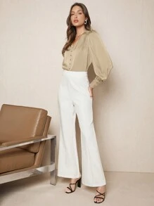 BizChic Solid Button Front Lantern Sleeve Satin Top - Apricot - View 6