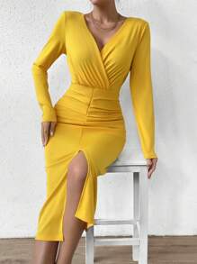 SHEIN Clasi Surplice Neck Split Thigh Ruched Bodycon Dress - Yellow - View 6