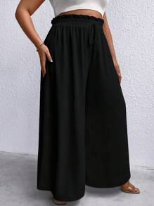 SHEIN LUNE Talla grande Pantalones de pierna ancha de cintura con volante con nudo delantero