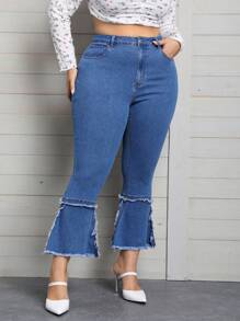 SHEIN Privé 大碼高腰毛邊緣牛仔喇叭褲 - 中等水洗藍 - 查看 5