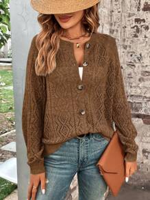 SHEIN LUNE 1pc Pointelle Knit Raglan Sleeve Cardigan,Long Sleeve Tops In Fall/Winter