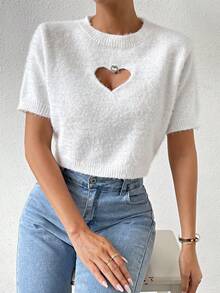 SHEIN Essnce Heart Cut Out  Mùa vụ 	
Fuzzy Knit ngọn - trắng - Xem 4