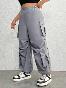 SHEIN EZwear 大碼側翻蓋口袋工裝褲 - 灰色 - 查看 4