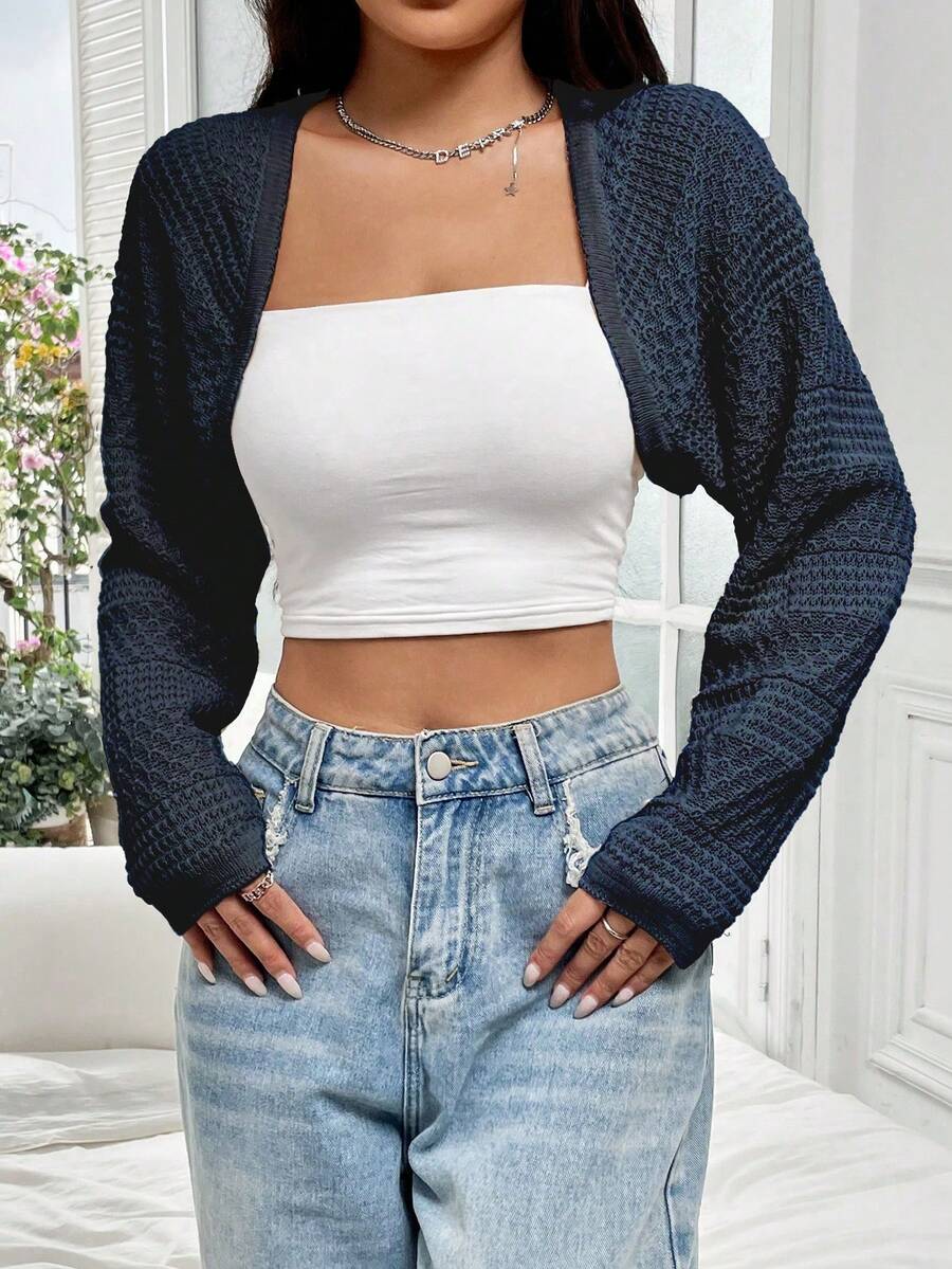SHEIN Unity 素色開門襟短款開襟開衫 - 深灰色 - 查看 1