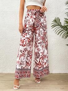 SHEIN VCAY 印花腰帶闊腿褲 - 紅色 - 查看 1