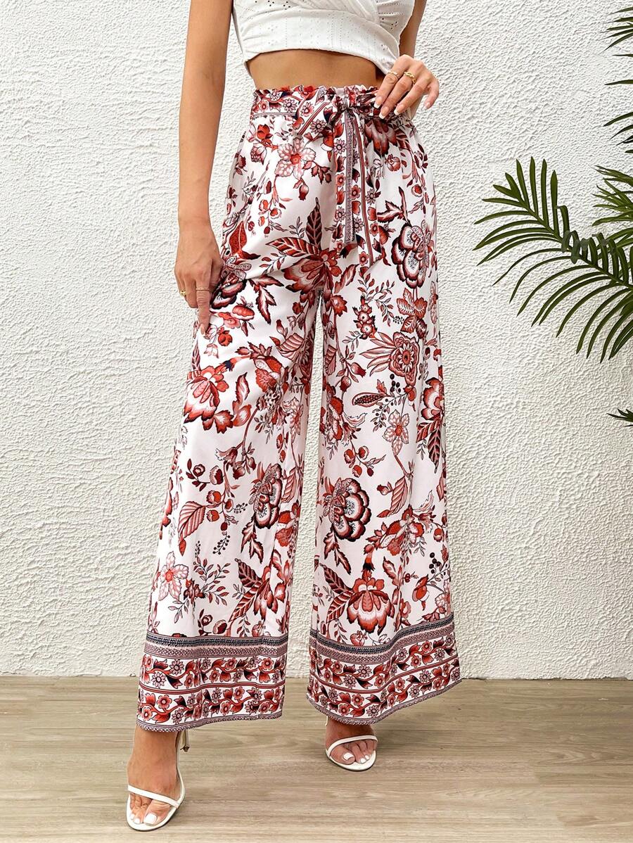 SHEIN VCAY 印花腰帶闊腿褲 - 紅色 - 查看 1