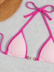 Swim Mod Summer Beach Contrast Binding Halter Triangle Bikini Set