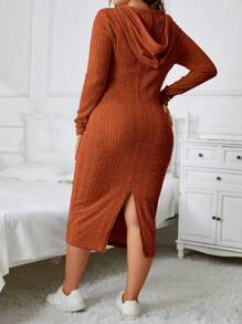 SHEIN Essnce Plus Size Ribbed Knit Drawstring Sweatshirt Dress - Rust Brown - View 2