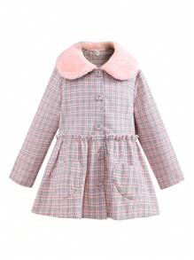 SHEIN Young Girl Plaid Print Borg Collar Frill Trim Overcoat - Multicolor - View 1