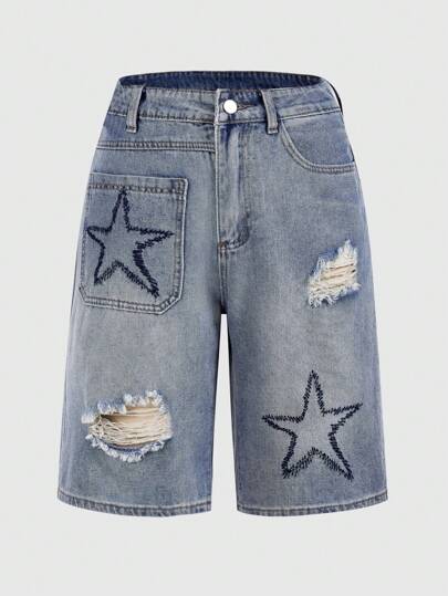 Grunge Punk Short En Jean Imprimé Étoile Déchiré