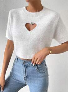 SHEIN Essnce Heart Cut Out  Mùa vụ 	
Fuzzy Knit ngọn - trắng - Xem 1