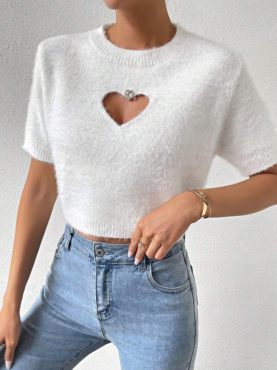 SHEIN Essnce Heart Cut Out Mùa vụ
Fuzzy Knit ngọn - trắng - Xem 1