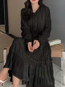 DAZY Vestido unicolor de manga amplia bajo con fruncido - Negro - Ver 3