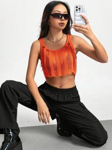 SHEIN Unity 素色破洞針織短上衣 - 橘色 - 查看 4