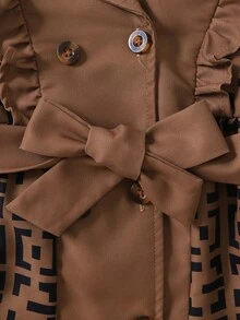 Baby Girl Geo Print Ruffle Trim Double Breasted Belted Trench Coat - Khaki - View 6