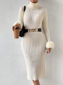 SHEIN Privé 高領毛茸茸袖口毛衣洋裝不附腰帶 - 杏色 - 查看 1