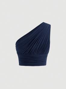 SHEIN MOD 單肩褶邊短款上衣 - 藏蓝色 - 查看 2