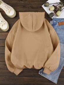 SHEIN EZwear Heart & Slogan Graphic Kangaroo Pocket Drawstring Thermal Hoodie - Khaki - View 2