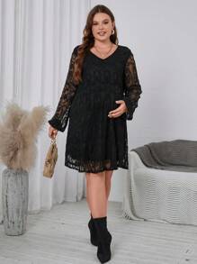 SHEIN 孕婦大碼素色V領洋裝 - 黑色 - 查看 3