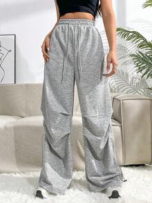 SHEIN Unity Đồ họa Chữ cái Eo dây rút Quần ống rộng - Xám - Xem 5