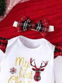 Đứa bé gái In Giáng sinh Áo liền quần chặt & In kẻ sọc Viền Ruffle Nơ mặt trước Đầm Tổng thể & Băng đô đầu - Đỏ và trắng - Xem 5