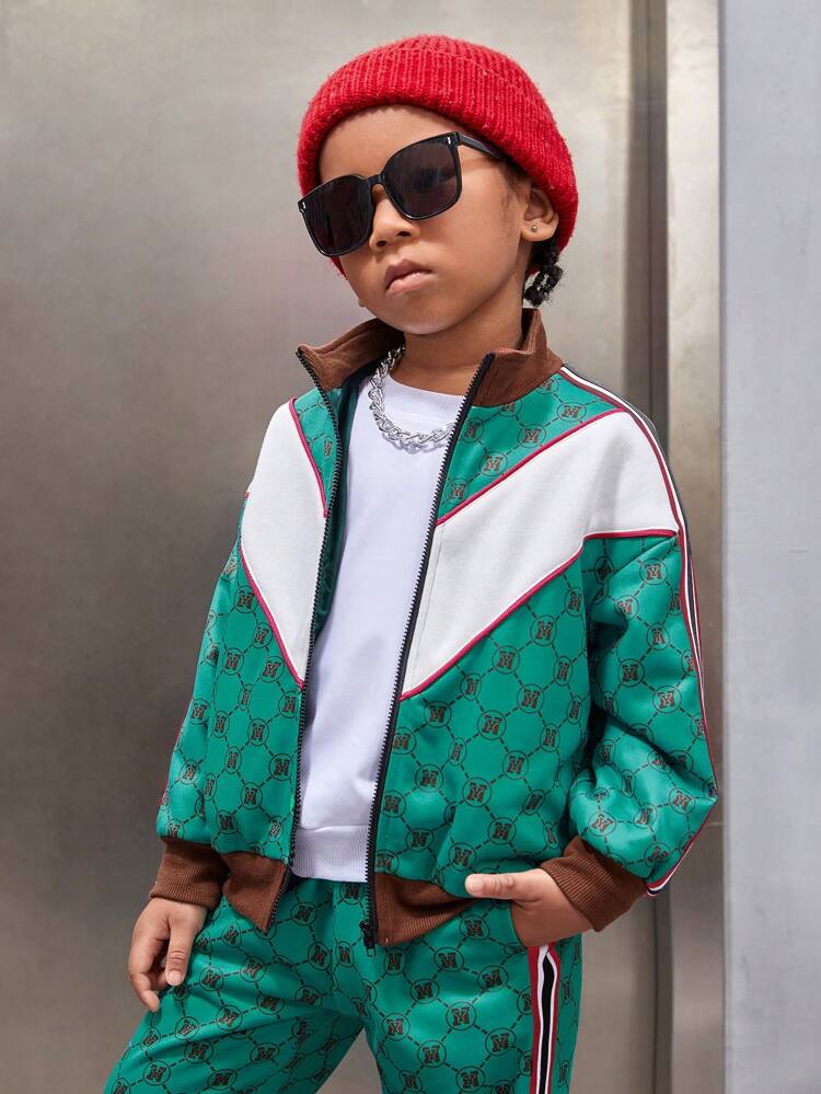 Young Boys Summer Casual Street Fashion Zip-Up Sweatshirt With Letter Print And Sports Pants With Decorative Woven Stripes Set,Fall Winter Outfit