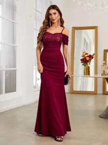 SHEIN Belle Burgundy Red Cold Shoulder Contrast Sequin Mermaid Hem Formal Dress - Burgundy - View 1